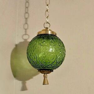 Green SCROLL Vintage Hanging Light Swag Lamp Retro Glass Globe Diffuser Antique